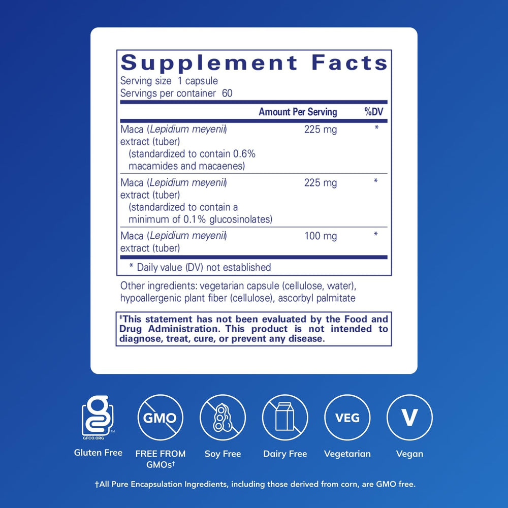Pure Encapsulations Maca-3 bottle side label highlighting hypoallergenic purity