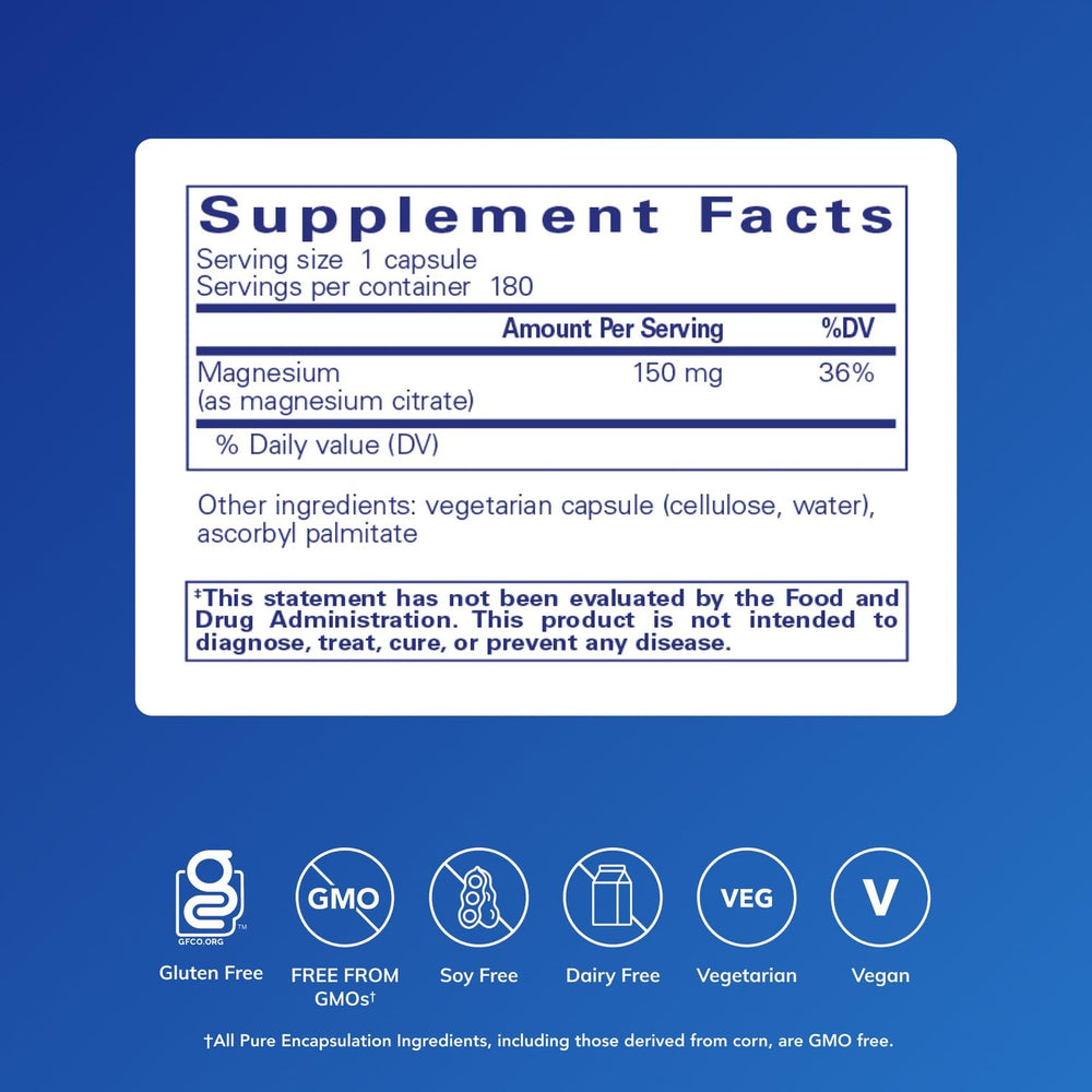 Pure Encapsulations Magnesium Citrate capsules in bottle for easy daily supplementation.