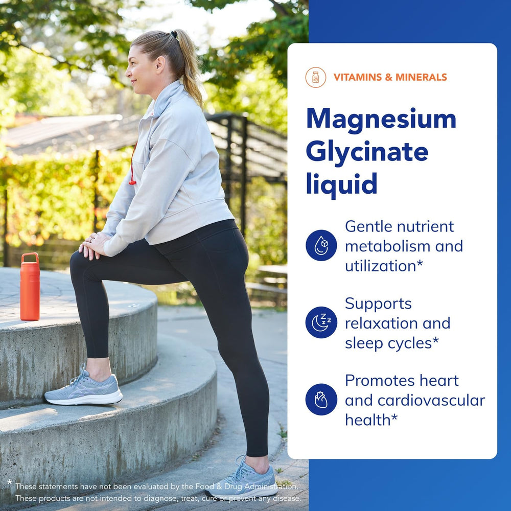 Teaspoonful serving of Pure Encapsulations Magnesium Glycinate Liquid for supplementation.