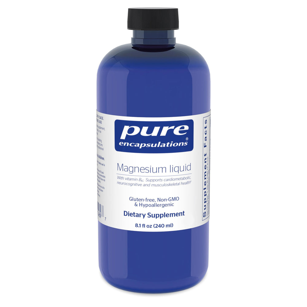 Pure Encapsulations Magnesium Liquid bottle pouring for easy daily dosing.
