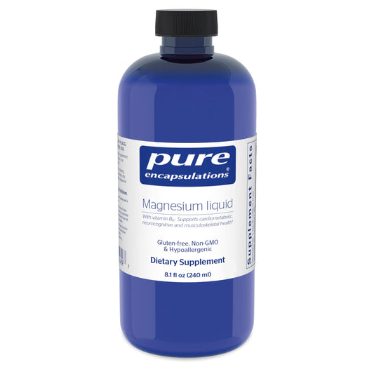 Pure Encapsulations Magnesium Liquid bottle pouring for easy daily dosing.