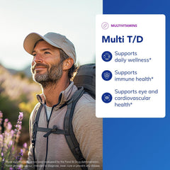 Pure Encapsulations Multi T/D label highlighting allergen-free, non-GMO formulation.