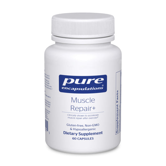 Pure Encapsulations Muscle Repair+ bottle supports active recovery after workouts.
