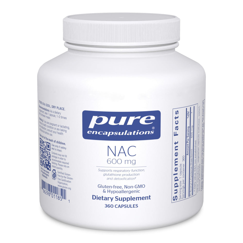 Pure Encapsulations NAC 600 mg bottle front showing antioxidant-support promise.
