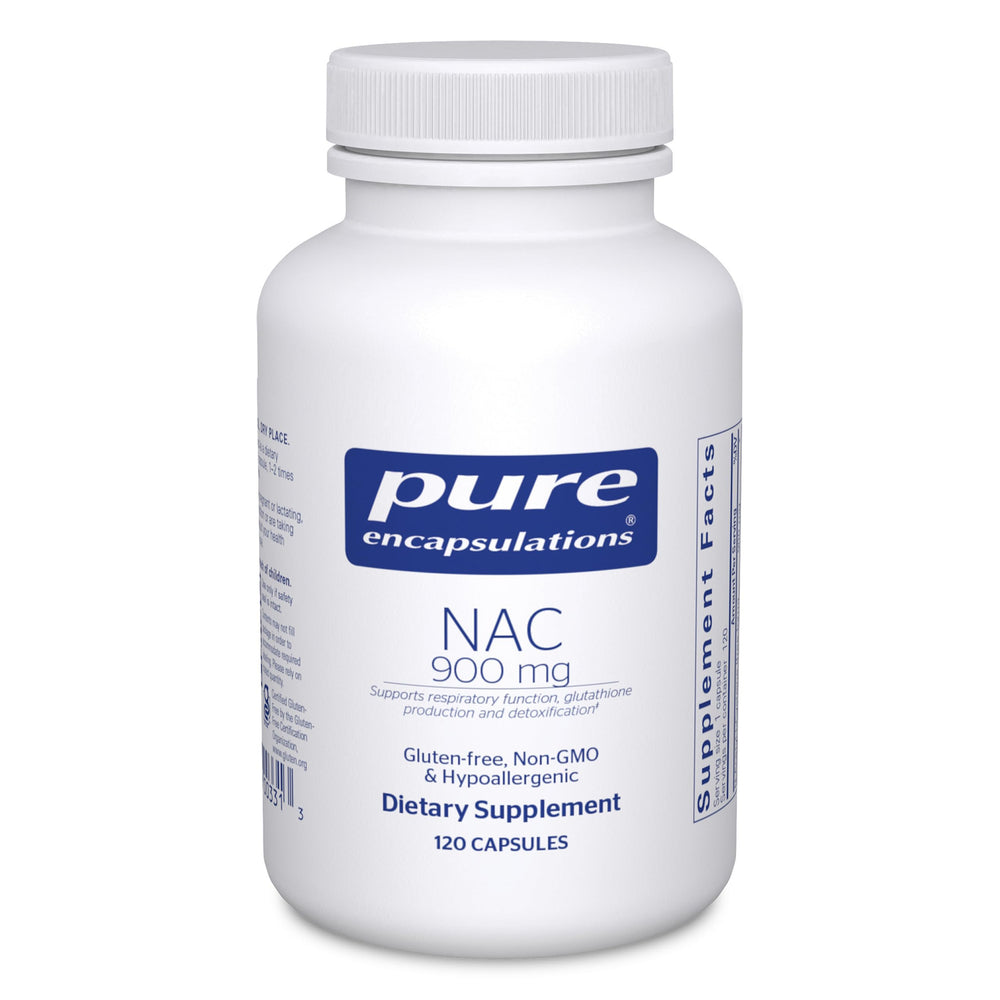 Pure Encapsulations NAC 900 mg bottle with label highlighting lung support potential.