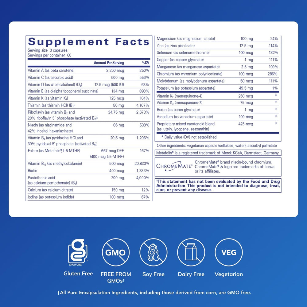 Pure Encapsulations Nutrient 950 capsules closeup; chelated minerals for better absorption.