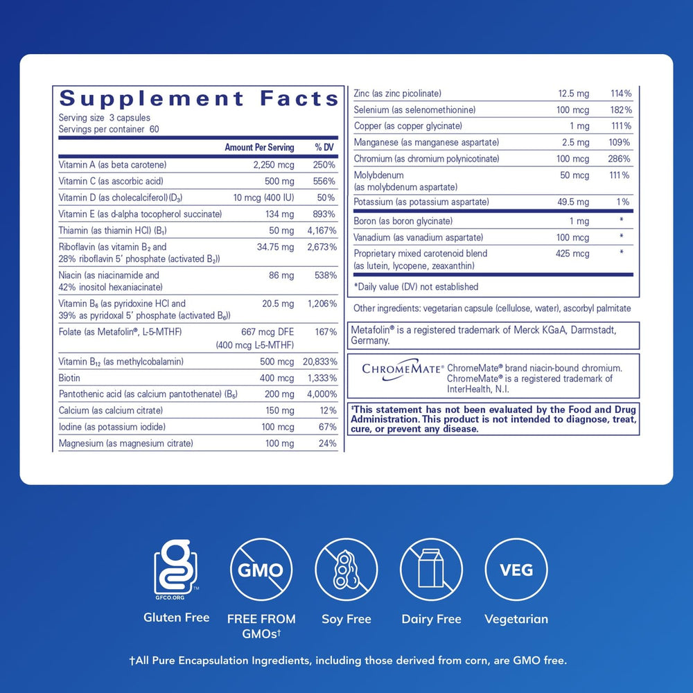 Pure Encapsulations Nutrient 950 without Iron label close-up highlights Metafolin L-5-MTHF form for folate support