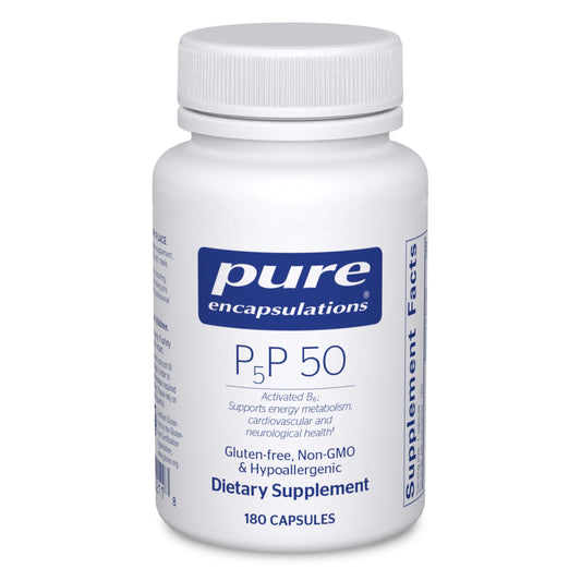 Pure Encapsulations P5P 50 capsules bottle shows gluten-free, non-GMO energy support.
