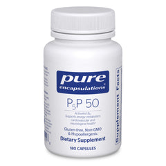 Pure Encapsulations P5P 50 capsules bottle shows gluten-free, non-GMO energy support.