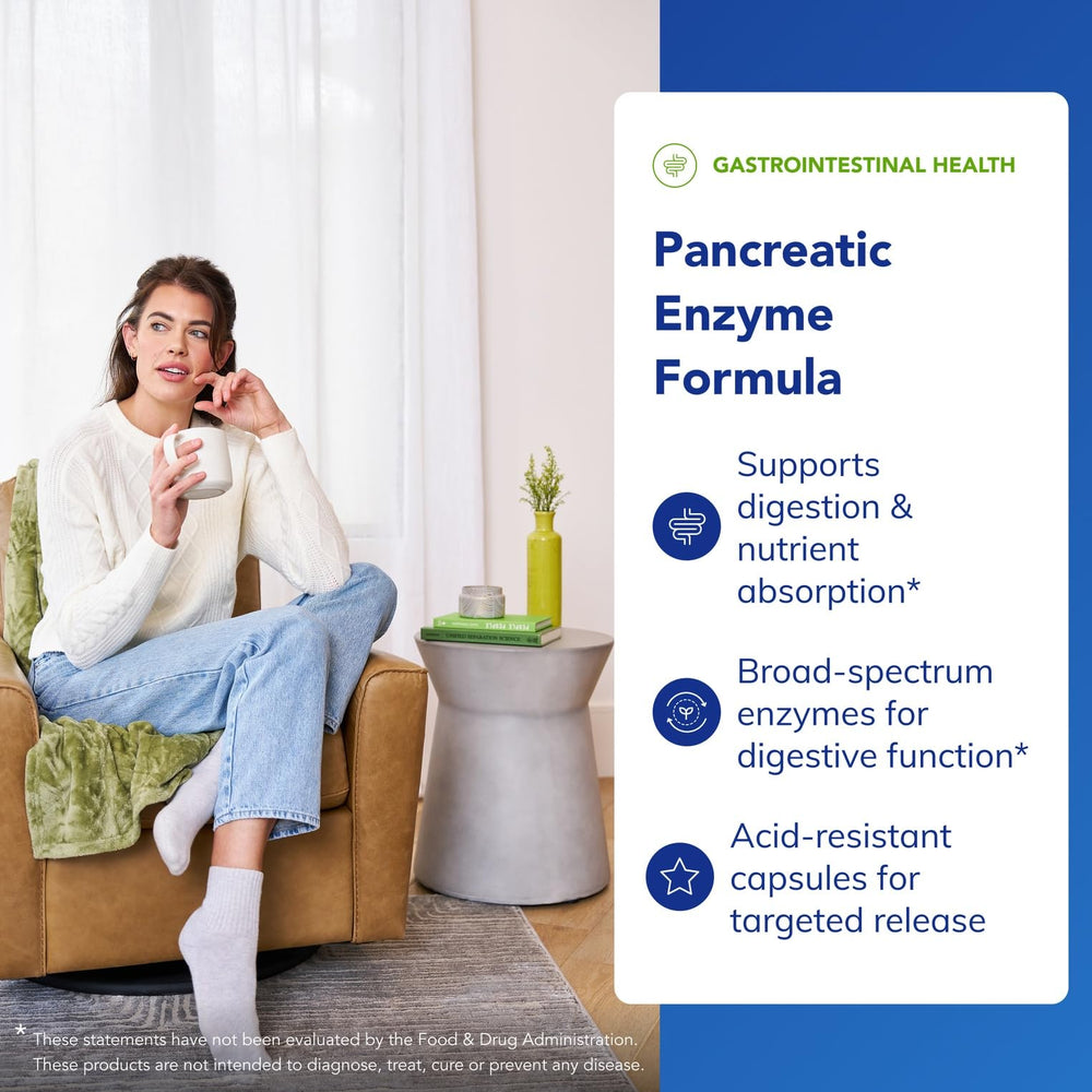 Pure Encapsulations Pancreatic Enzyme Formula acid-resistant capsules delivering to the GI tract.