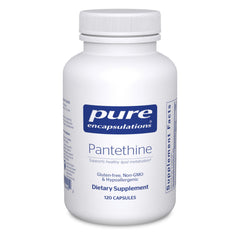 Pure Encapsulations Pantethine bottle front showing hypoallergenic formulation for sensitive users.