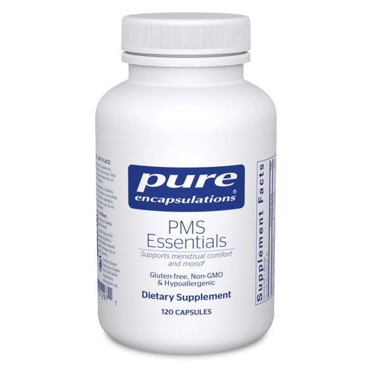 Pure Encapsulations PMS Essentials bottle showing capsules for menstrual comfort support