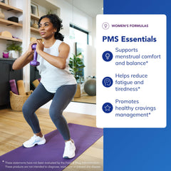 PMS Essentials label detail with ingredients for balanced mood and energy support