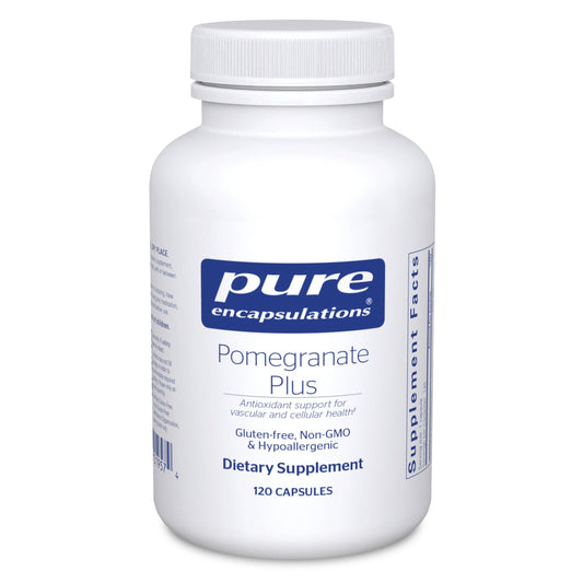 Pure Encapsulations Pomegranate Plus bottle shown for vascular and cellular support.