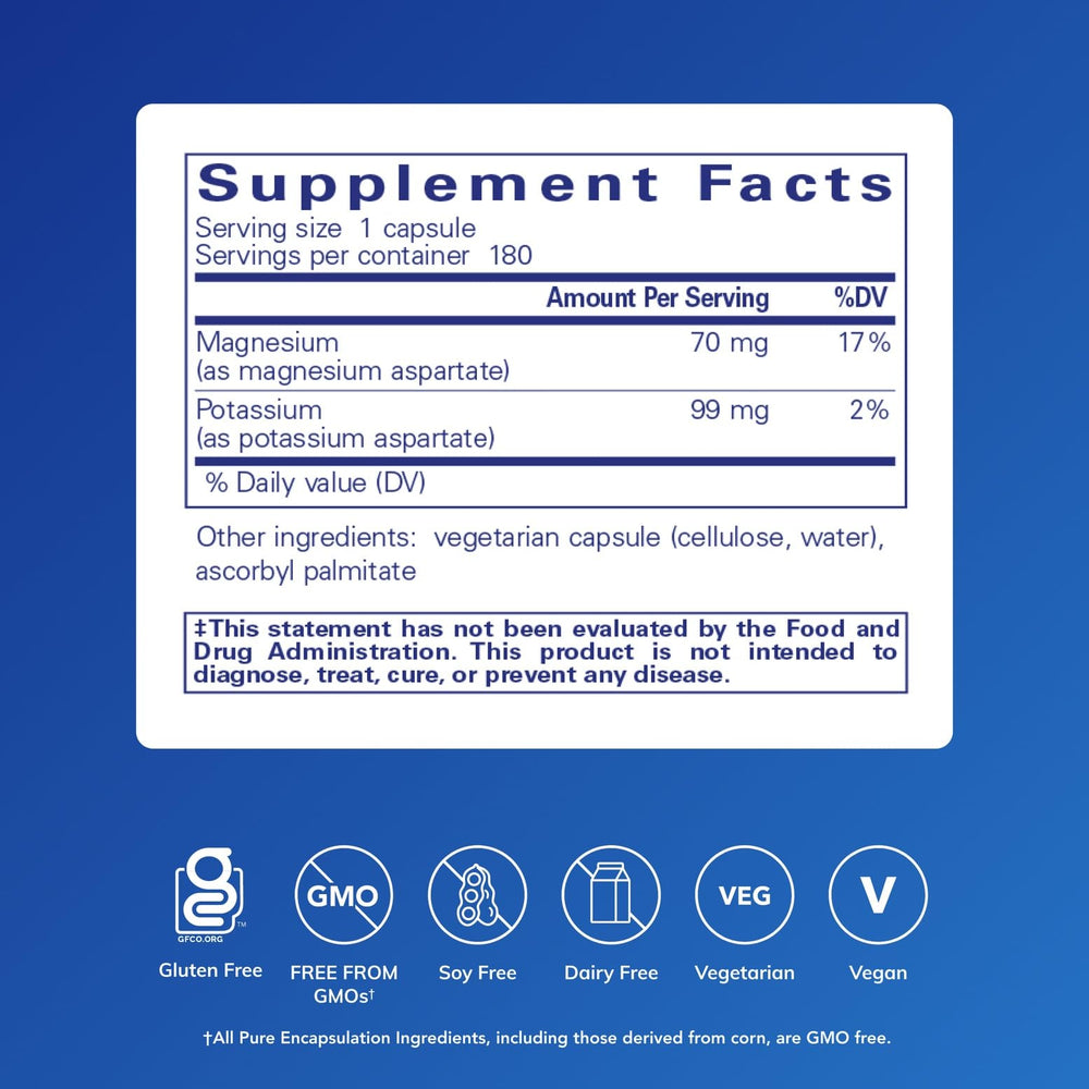 Label closeup of Pure Encapsulations Potassium Magnesium aspartate highlighting premium ingredients