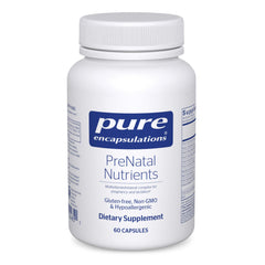 Pure Encapsulations PreNatal Nutrients bottle front for pregnancy support with essential folate and iron.