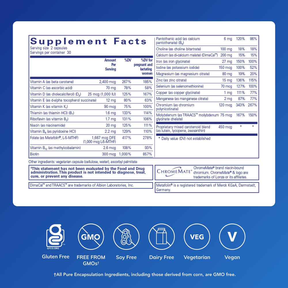 Close-up of Pure Encapsulations PreNatal Nutrients capsules showing daily dose for lactation energy.