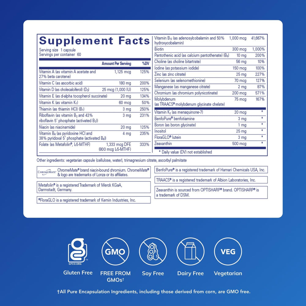 PureGenomics Multivitamin bottle label close-up showing targeted nutrients for eye health