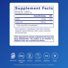 Pure Encapsulations R-Lipoic Acid Stabilized label closeup emphasizing hypoallergenic formula