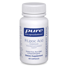 Pure Encapsulations R-Lipoic Acid Stabilized bottle closeup highlighting antioxidant support