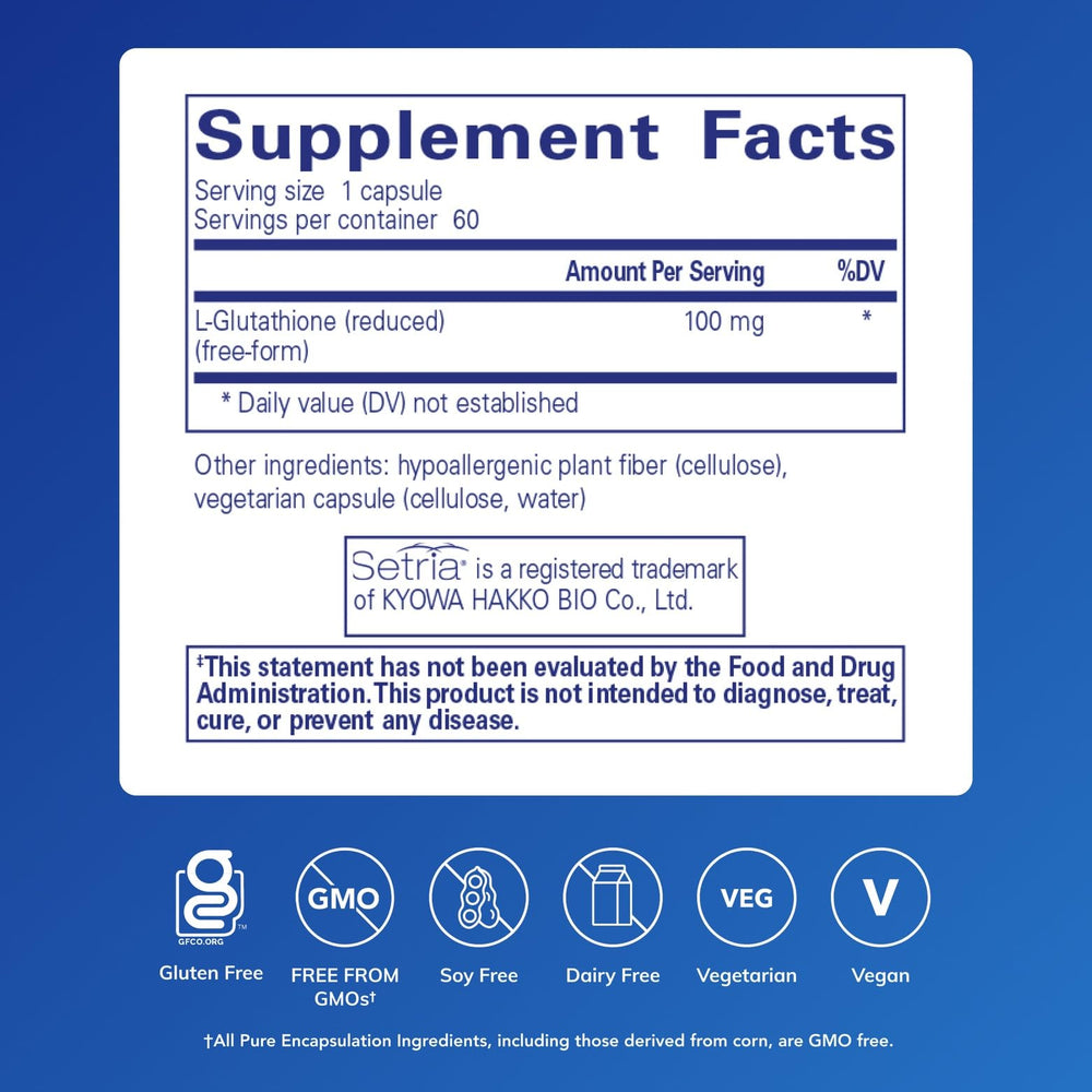 Pure Encapsulations Reduced Glutathione capsules close-up emphasize hypoallergenic formula and antioxidant support.