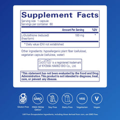 Pure Encapsulations Reduced Glutathione capsules close-up emphasize hypoallergenic formula and antioxidant support.