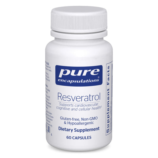 Pure Encapsulations Resveratrol bottle and capsules shown for antioxidant support.