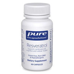 Pure Encapsulations Resveratrol bottle and capsules shown for antioxidant support.
