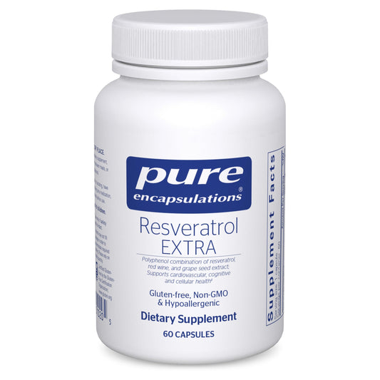 Pure Encapsulations Resveratrol EXTRA bottle displaying 60 capsules