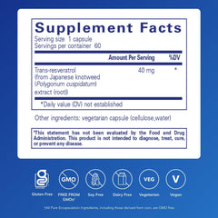 Close-up of Pure Encapsulations Resveratrol label highlighting vegan, gluten-free formulation.