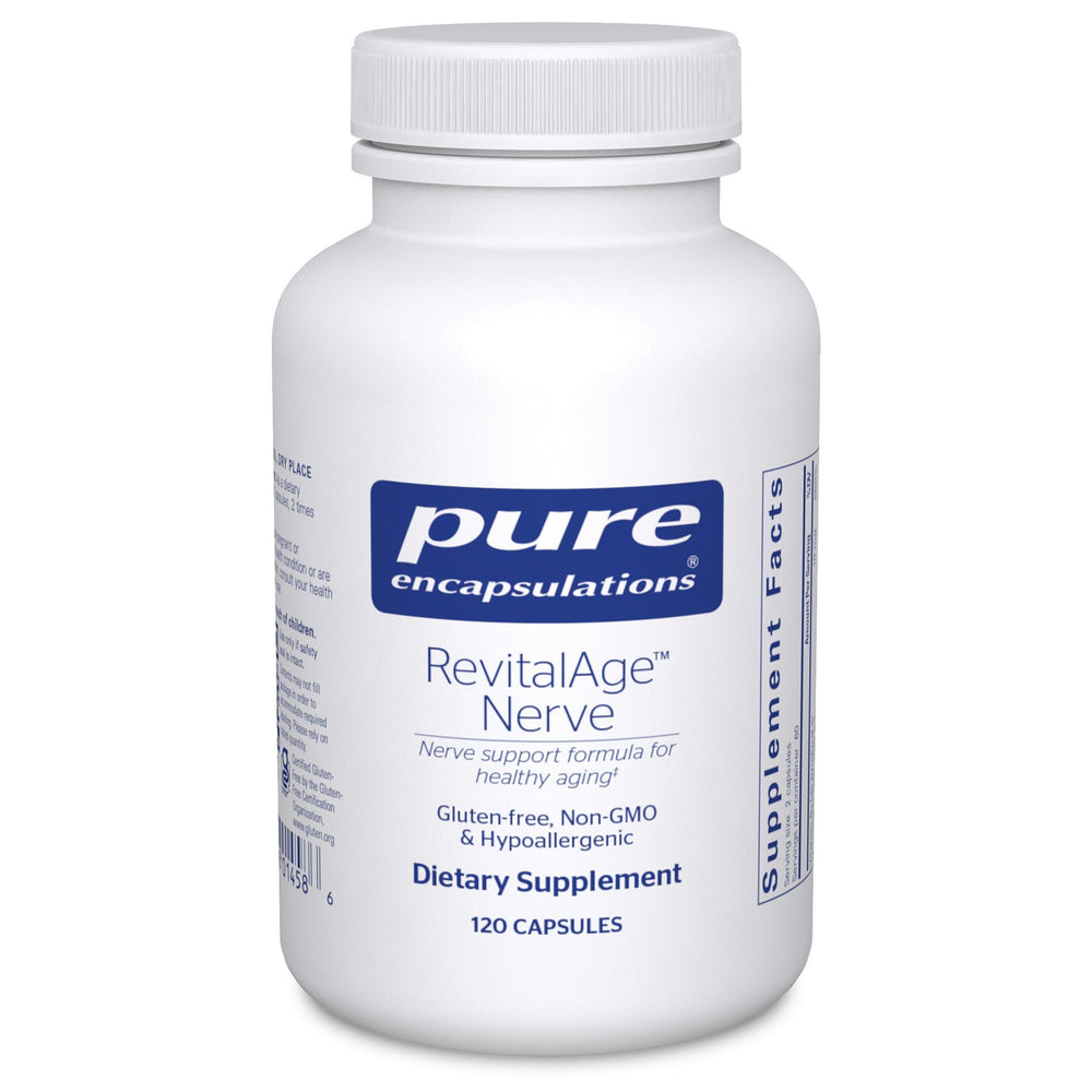 Pure Encapsulations Revita-Age Nerve bottle on white, highlighting nerve support for daily comfort.