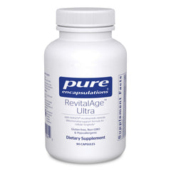 Pure Encapsulations RevitalAge Ultra 90s bottle front, highlighting mitochondrial support for healthy aging and daily vitality