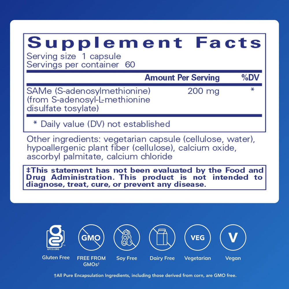 Pure Encapsulations SAMe capsules close-up highlighting 200 mg for methylation.