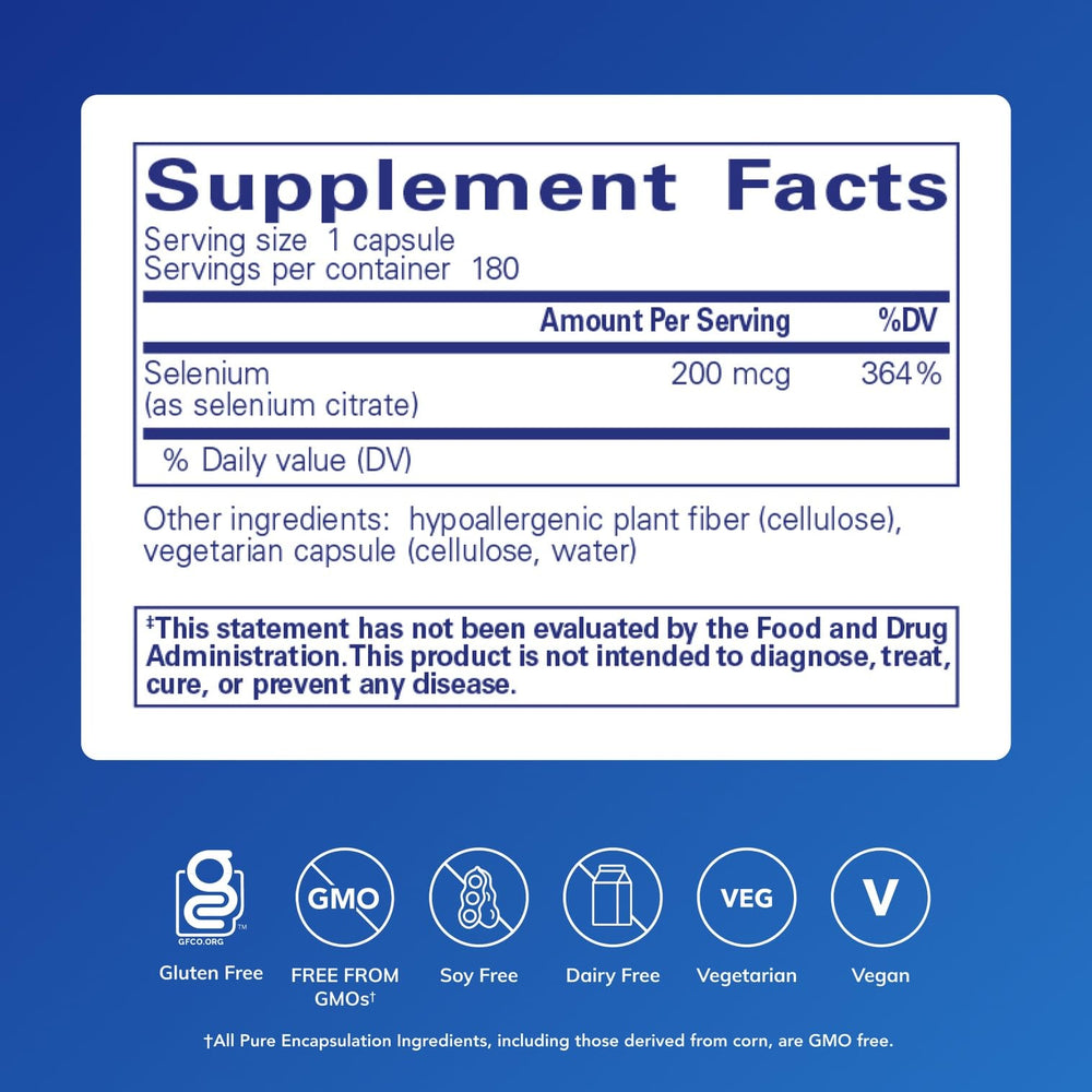 Pure Encapsulations Selenium (Citrate) capsules close-up—easy daily use.