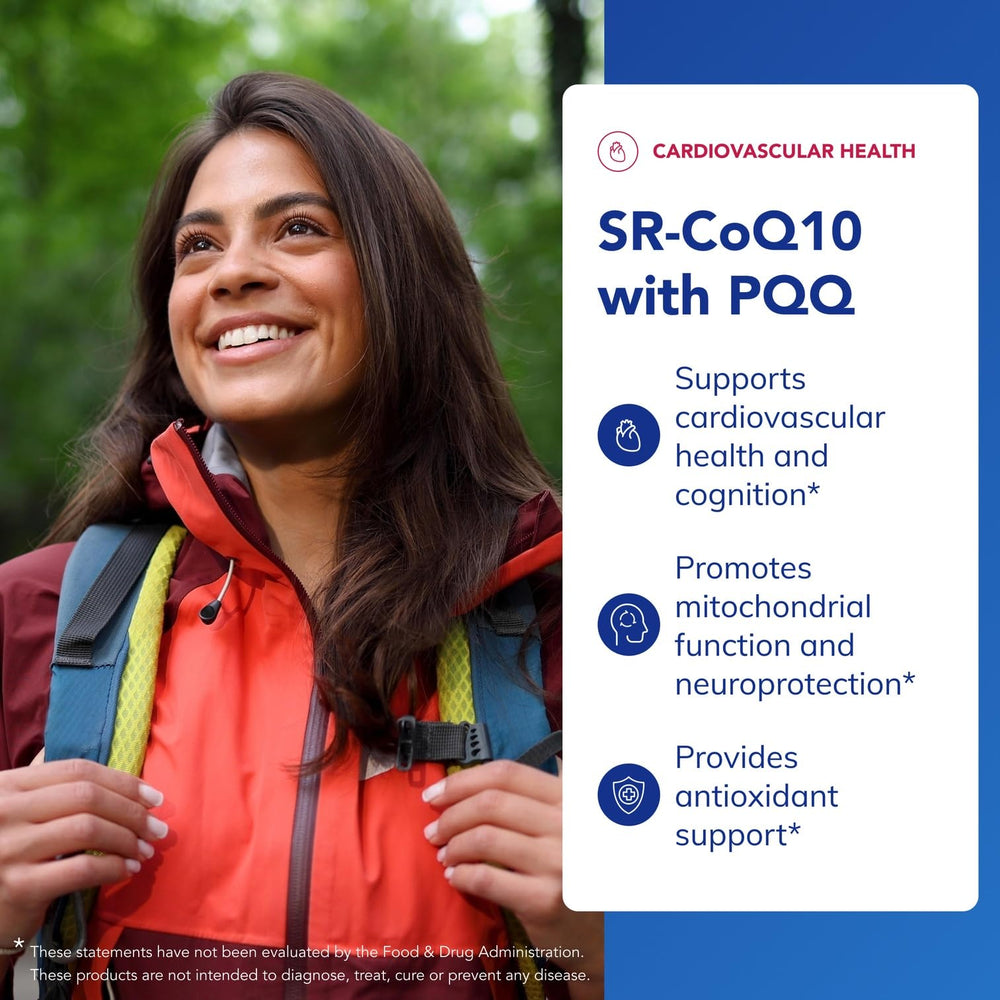Pure Encapsulations SR-CoQ10 with PQQ capsules emphasize gluten-free, vegetarian options.
