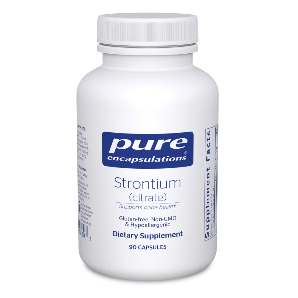 Pure Encapsulations Strontium Citrate bottle closeup highlighting hypoallergenic bone support.