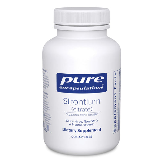 Pure Encapsulations Strontium Citrate bottle closeup highlighting hypoallergenic bone support.