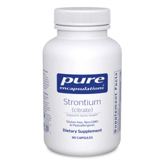 Pure Encapsulations Strontium Citrate bottle closeup highlighting hypoallergenic bone support.