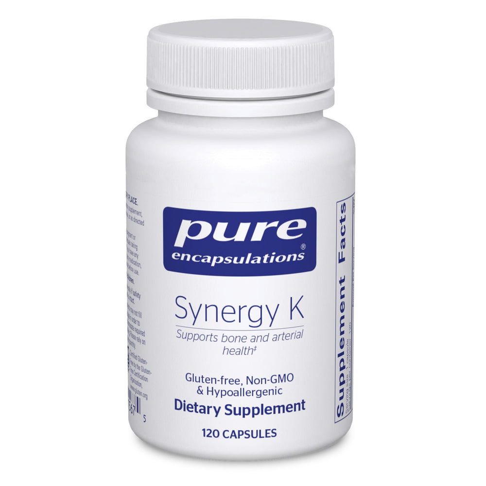 Pure Encapsulations Synergy K bottle front view showing K1, K2 and D3 blend for bone support