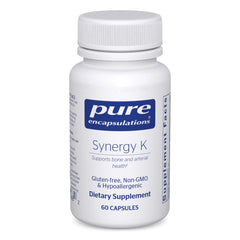 Pure Encapsulations Synergy K bottle front highlighting gluten-free, non-GMO formula for bones