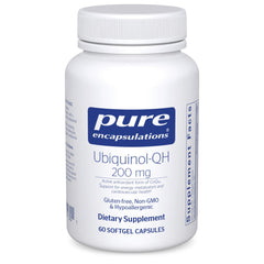 Pure Encapsulations ubiquinol-qh bottle front showing 200 mg dosage for daily use.