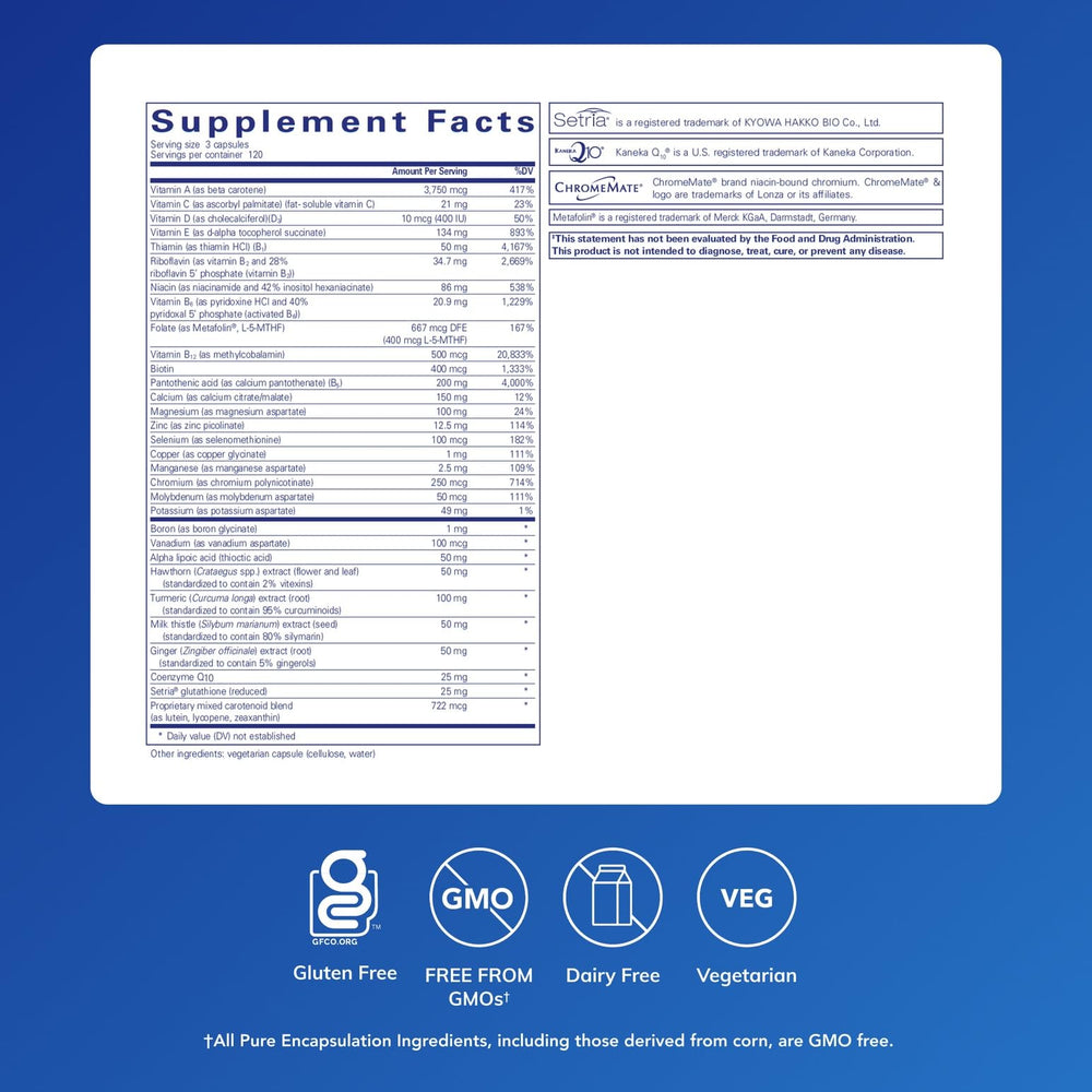 Pure Encapsulations UltraNutrient label highlights gluten-free formula and key ingredients.