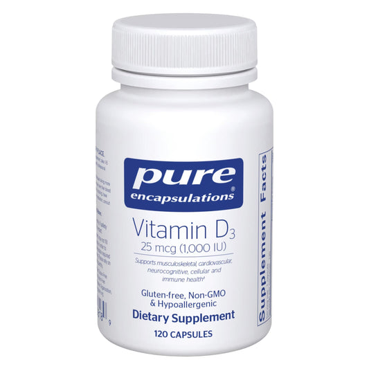 Pure Encapsulations Vitamin D3 bottle with capsules; premium bone support and calcium absorption.