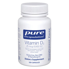 Pure Encapsulations Vitamin D3 bottle with capsules; premium bone support and calcium absorption.