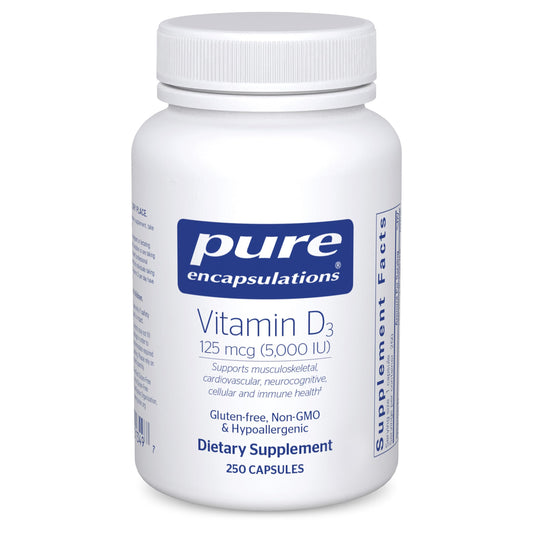 Pure Encapsulations Vitamin D3 bottle front view, supporting bone and immune health.