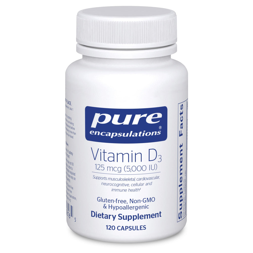 Pure Encapsulations Vitamin D3 bottle label highlights 5,000 IU for bone and immune support.