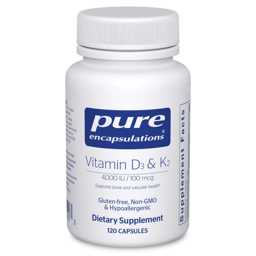 Pure Encapsulations Vitamin D3 & K2 bottle front promoting bone and immune support.