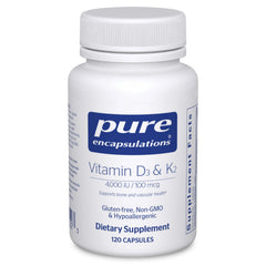 Pure Encapsulations Vitamin D3 & K2 bottle front promoting bone and immune support.