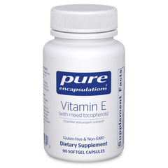 Pure Encapsulations Vitamin E mixed tocopherols bottle for antioxidant support.
