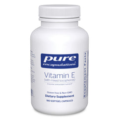 Pure Encapsulations Vitamin E bottle with mixed tocopherols for antioxidant support.